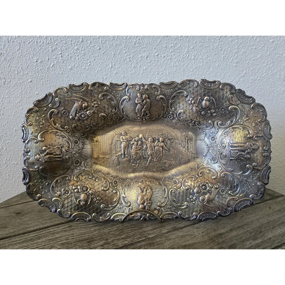 Antique Silver on Copper Dutch Revival Repousse People Tavern Courtyard Bowl